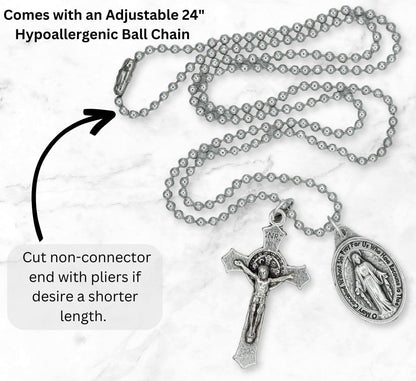 Catholic Necklace St Benedict Crucifix and Miraculous Medal Hypoallergenic Necklace on 24" Ball Chain - Jesus Mary Chain Catholic Necklace for Men, Women, Adults