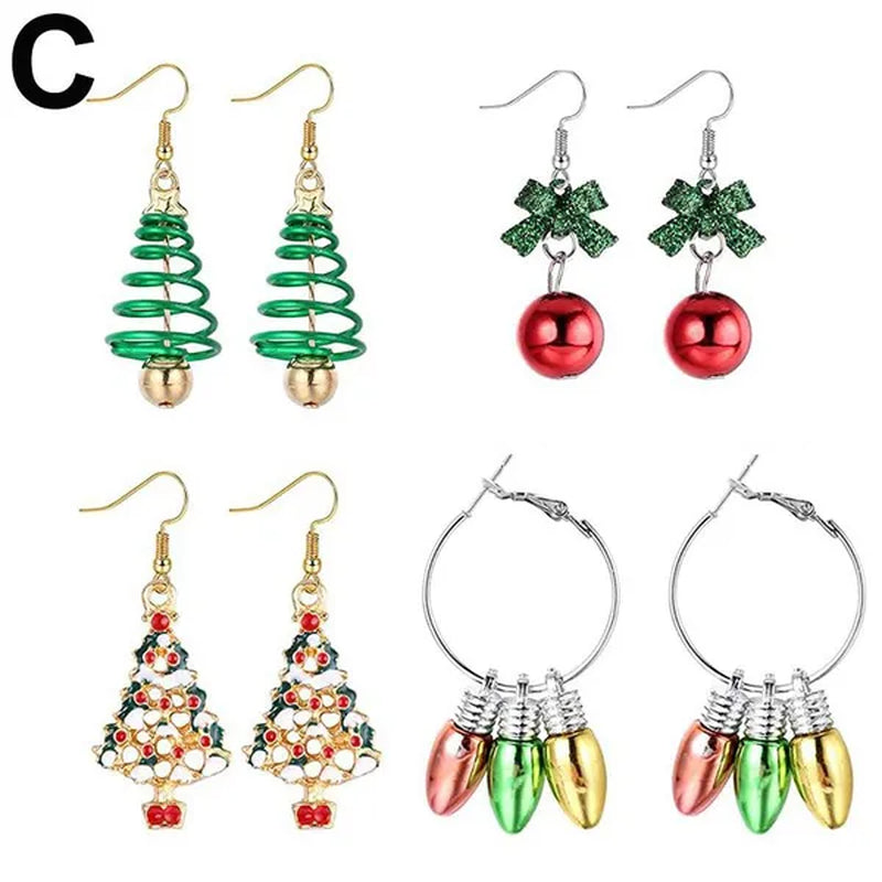 4 Pairs Christmas Earrings for Women Girls Christmas Bell Light Bulbs Hoop Earrings Christmas Tree JingleBall Snowflake Bow Flower Elk Dangle Earrings Christmas Party Jewelry Set Gift