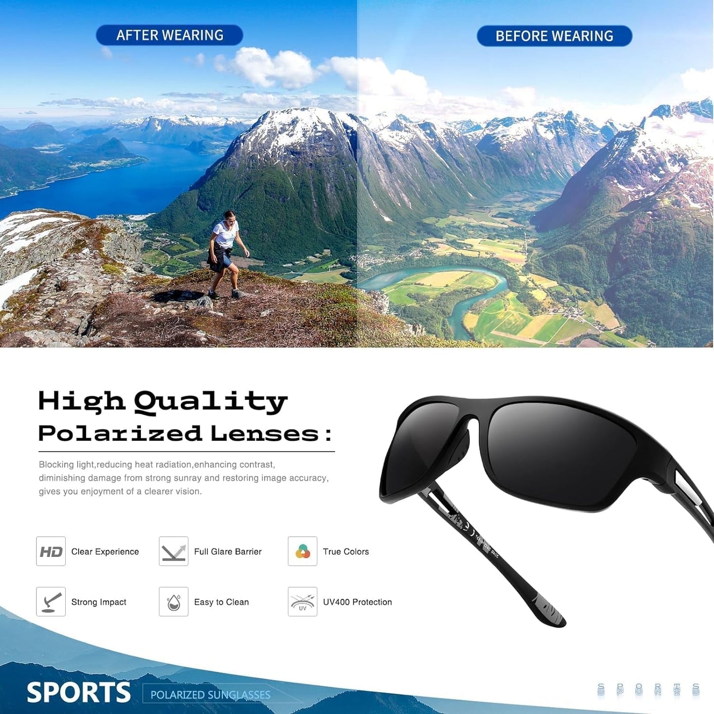 Polarized Sports Sunglasses for Men: UV400 Protection Glasses Womens Wrap around Goggles for Driving Fishing
