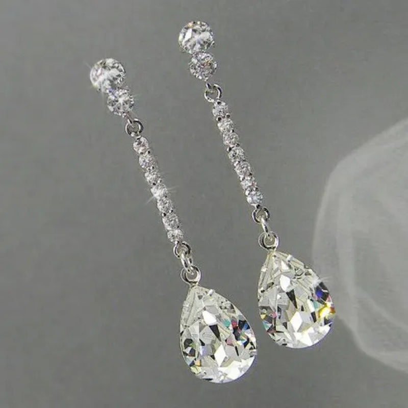 Delicate Silver Plated Lab Diamond Teardrop Cut White Sapphire Pendant Earrings Bridal Wedding Women Earrings