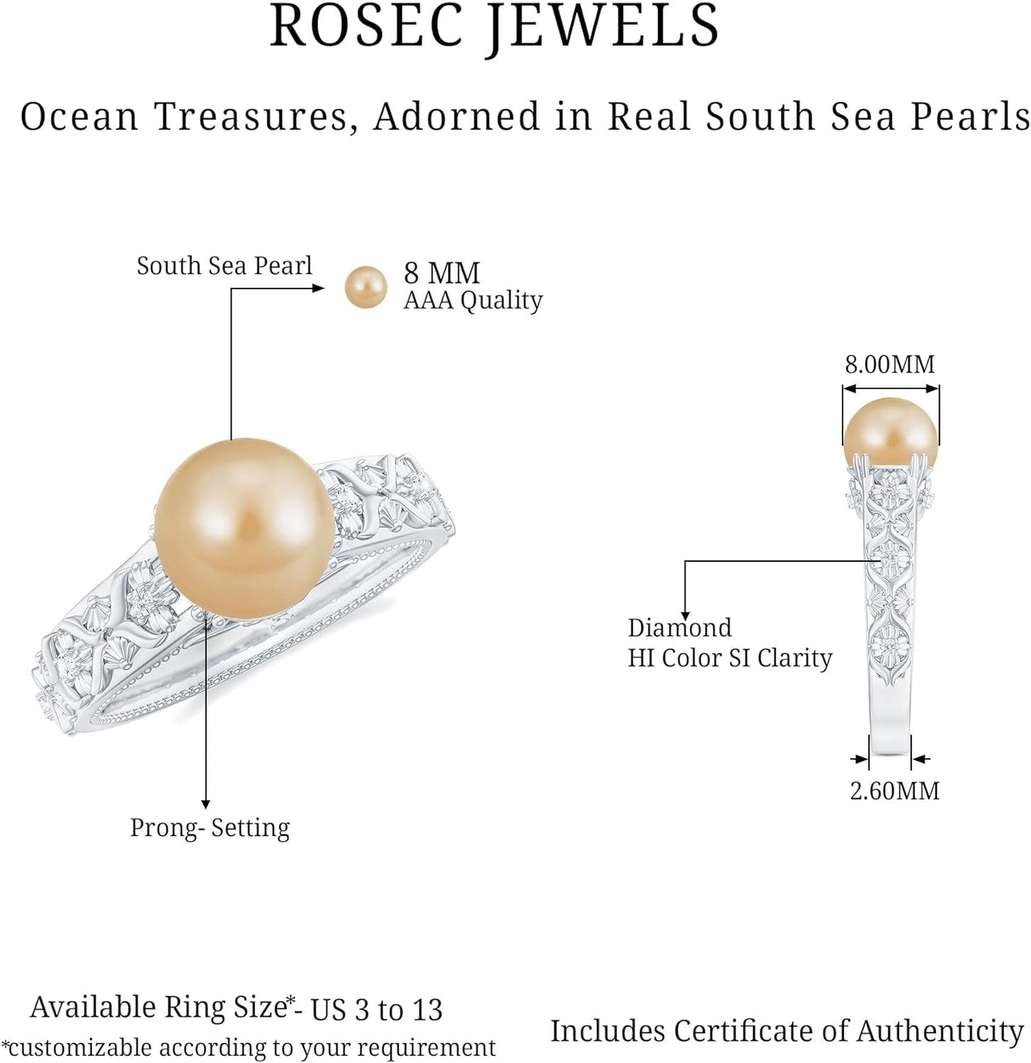 Golden South Sea Pearl Solitaire Ring, 8 MM Cultured Pearl, 5 Ct, Valentine Day Gifts for Her