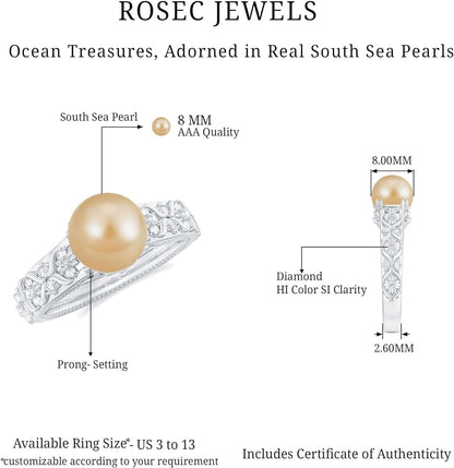 Golden South Sea Pearl Solitaire Ring, 8 MM Cultured Pearl, 5 Ct, Valentine Day Gifts for Her