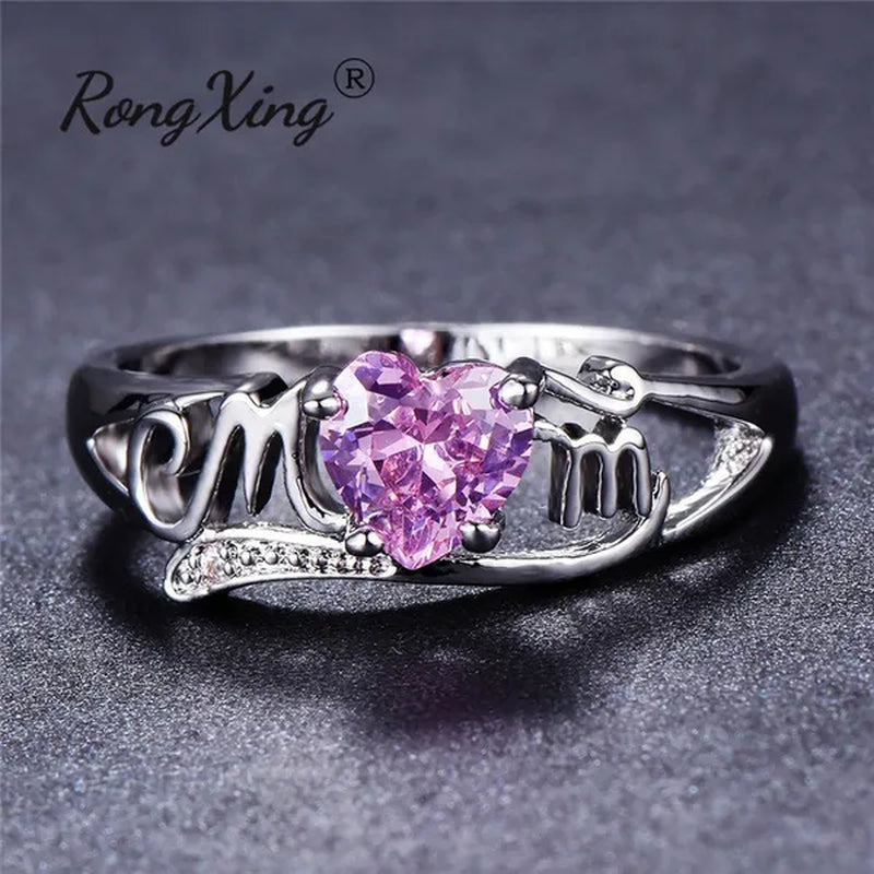Love Mom 2ct Heart Shape Diamond/Amethyst/Emerald/Pink/Blue Sapphire/Black Diamond 925 Silver Ring Nana Ring Grandma Mum Jewelry Size 5-10