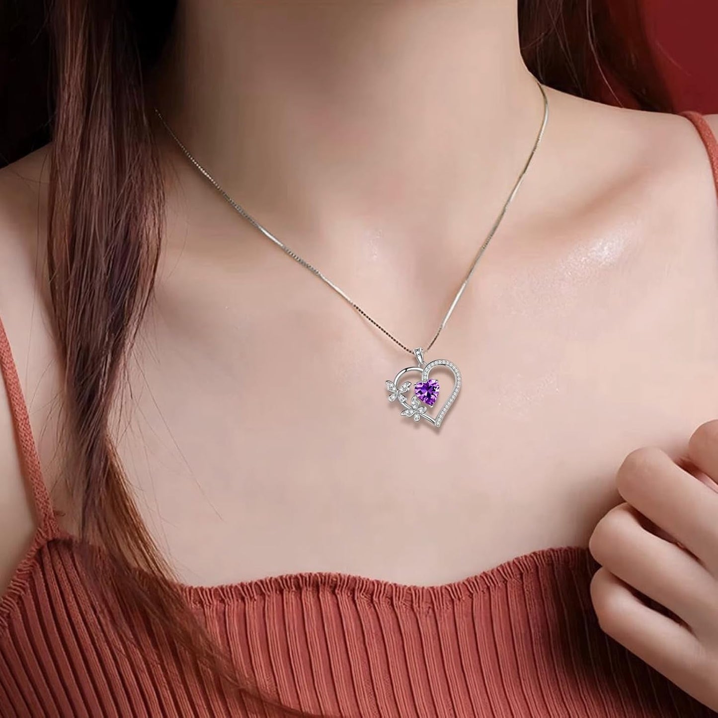 Heart Butterfly Pendant Necklace - 925 Sterling Silver Birthstone Heart Crystal Necklace Gifts for Women Jewelry Mothers Day Valentines Birthday Gifts for Girls