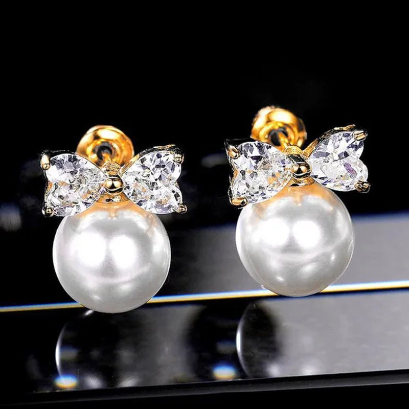 New Fashion 925 Sterling Silver Diamond Women's Bow Pearl Charming Stud Earrings