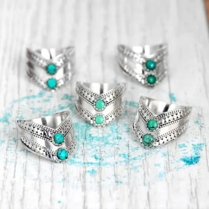 Antique 925 Sterling Silver Turquoise Ring for Women Boho Bohemian Blue Stone Thumb Chevron