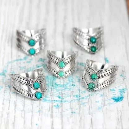 Antique 925 Sterling Silver Turquoise Ring for Women Boho Bohemian Blue Stone Thumb Chevron