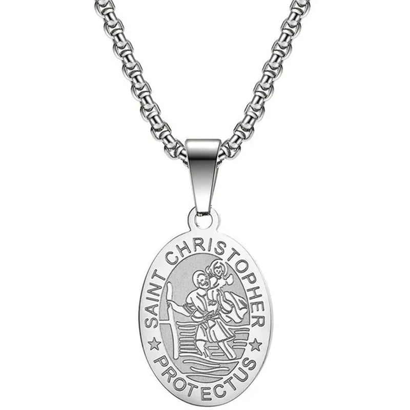 Oval St Christopher Medal Necklace Stainless Steel Saint Christopher Protect Us Pendant Catholic Patron Religious Amulet Jewelry Silver / Black / Silver