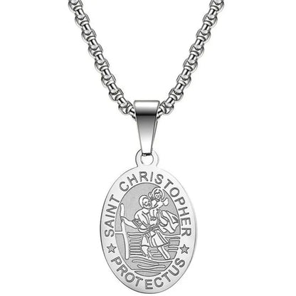 Oval St Christopher Medal Necklace Stainless Steel Saint Christopher Protect Us Pendant Catholic Patron Religious Amulet Jewelry Silver / Black / Silver