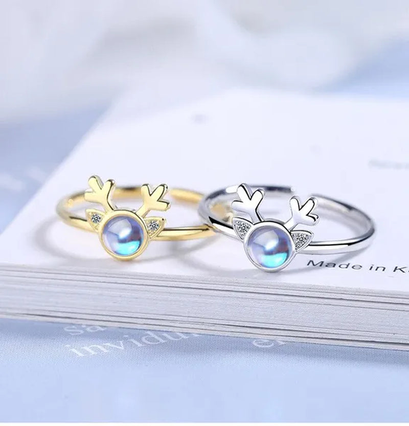 Korean Antler Ring 925 Sterling Silver Artificial Moonstone Rings for Women All with You Ring Adjustable Size