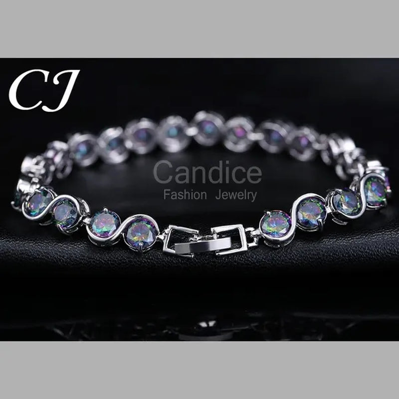 CANDICE Amazing S Shaped with Round Genuine Mystic Rainbow Crystal Stone Women Bracelet Solid Sterling Silver Plated