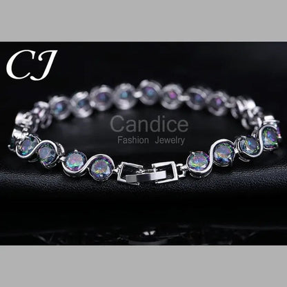 CANDICE Amazing S Shaped with Round Genuine Mystic Rainbow Crystal Stone Women Bracelet Solid Sterling Silver Plated
