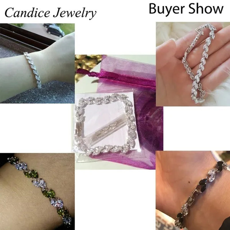 CANDICE 100% Real Silver Female Jewelry Simple Leaf Shape Multicolor Cubic Zirconia Strand Bracelet For Lady