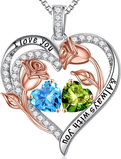 Birthstone Necklace for Women - 925 Sterling Silver Rose Heart Birthstone Necklace Birthday Gifts for Women Anniversary Jewelry Gifts for Her Wife Mom Daughter