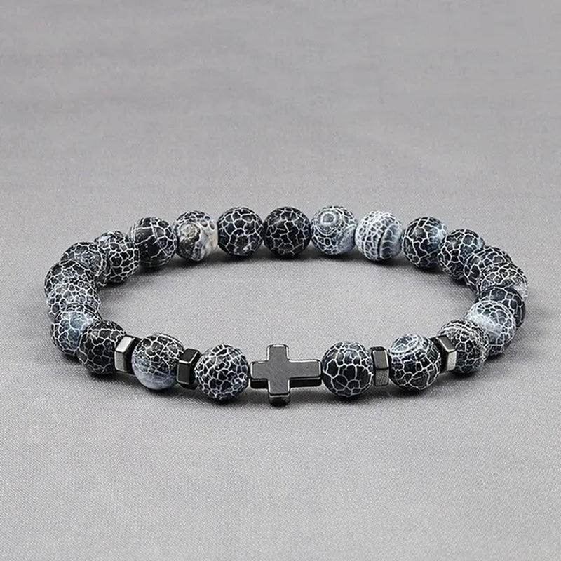 Hot Men Natural Tiger Eye Beads Hematite Cross Bracelets Onyx Meditation Prayer Bead Bracelet Women Stone Yoga Jewelry Homme