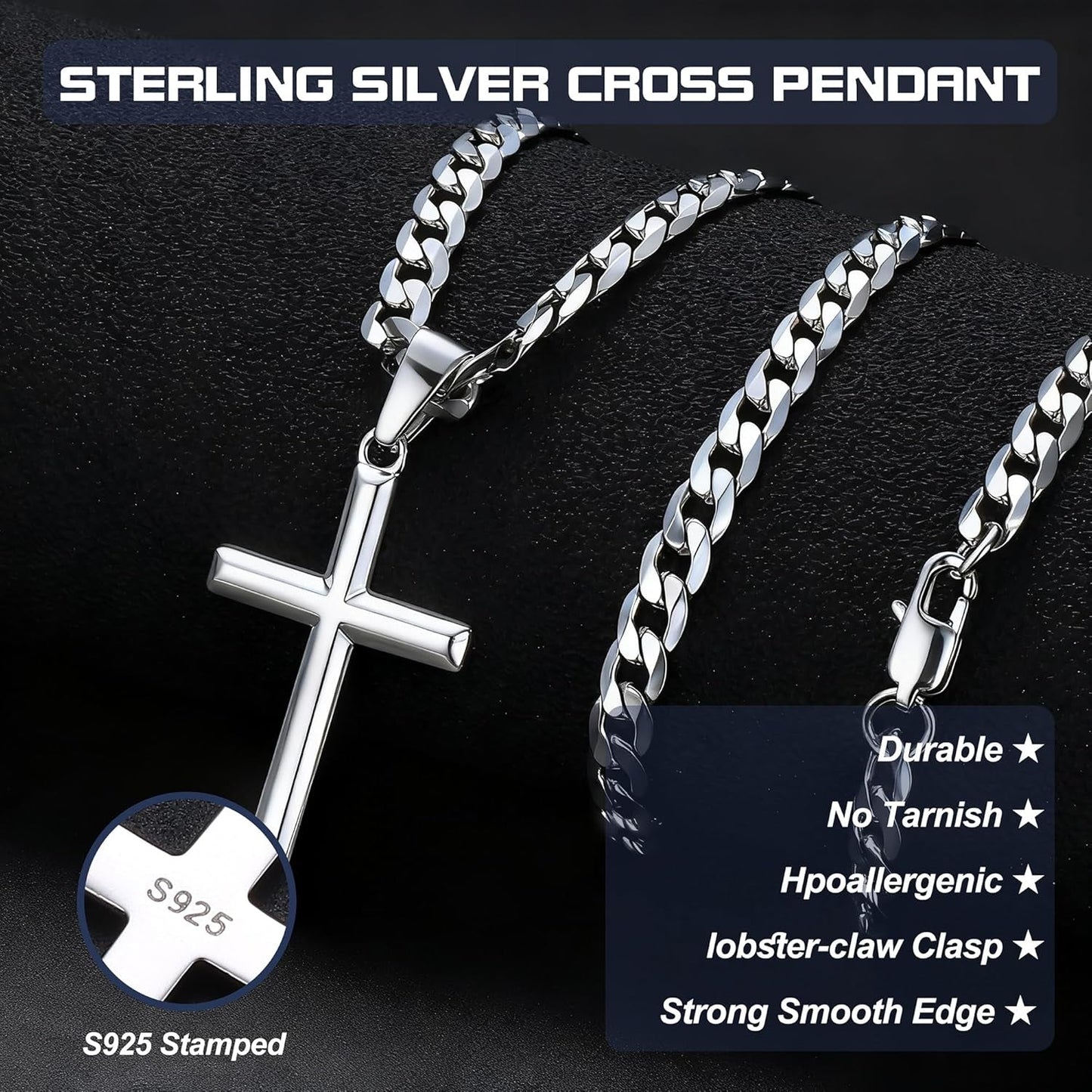 925 Sterling Silver Cross Necklace Beveled Edge for Men Women 5Mm Stainless Steel Non Tarnish Durable Cuban Link Curb Chain Crucifix Pendant Necklace Jewelry 16-30 Inches Christian Baptism Gifts