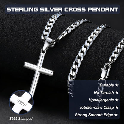 925 Sterling Silver Cross Necklace Beveled Edge for Men Women 5Mm Stainless Steel Non Tarnish Durable Cuban Link Curb Chain Crucifix Pendant Necklace Jewelry 16-30 Inches Christian Baptism Gifts