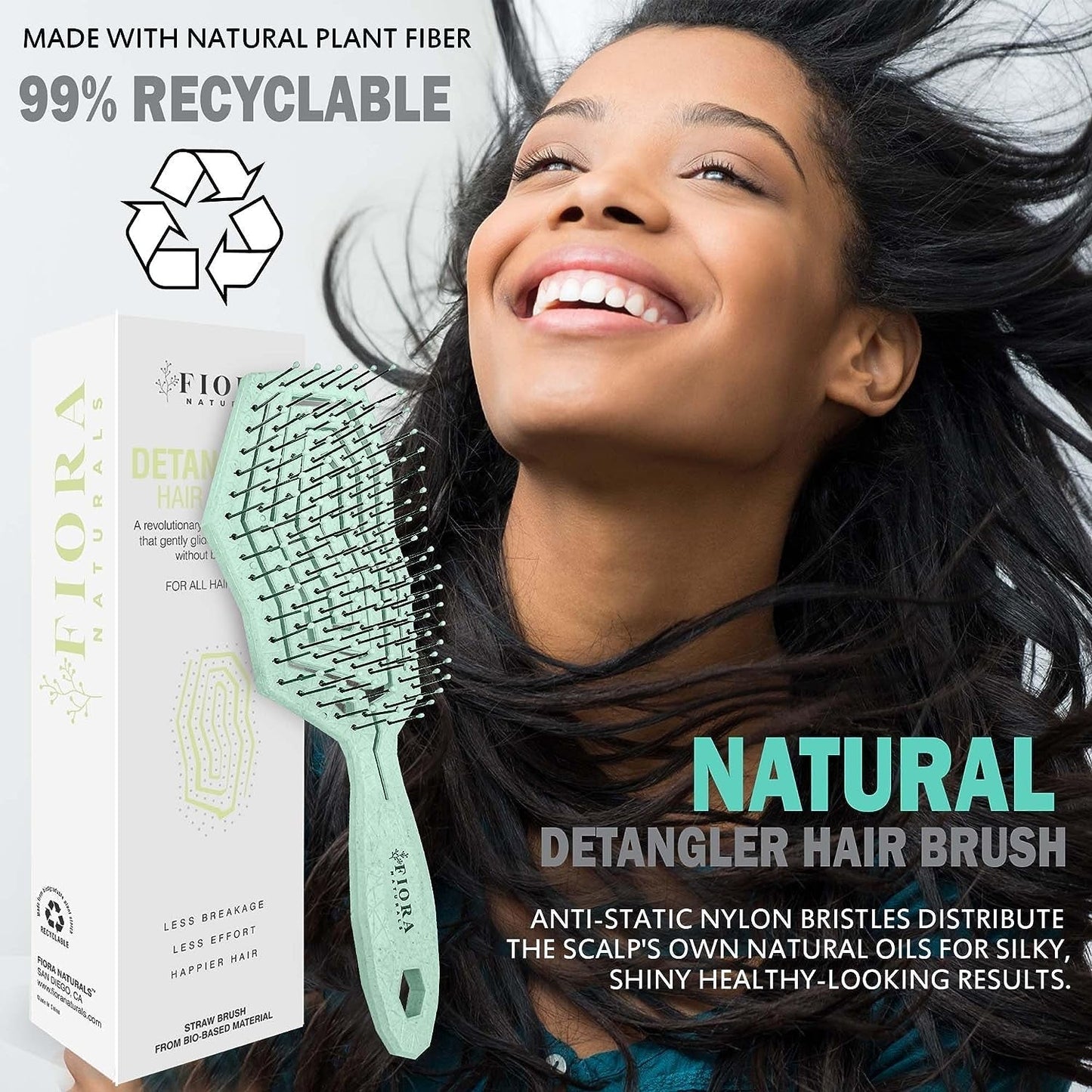 Hair Detangling Brush -100% Bio-Friendly Hair Detangler Brush W/Ultra-Soft Bristles- Glide through Tangles with Ease - for Curly, Fine, Women, Men, Kids, Toddlers, Wet and Dry Hair