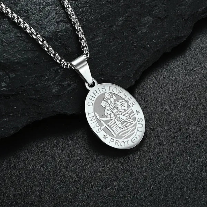 Oval St Christopher Medal Necklace Stainless Steel Saint Christopher Protect Us Pendant Catholic Patron Religious Amulet Jewelry Silver / Black / Silver