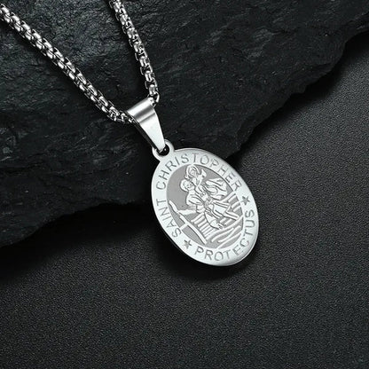 Oval St Christopher Medal Necklace Stainless Steel Saint Christopher Protect Us Pendant Catholic Patron Religious Amulet Jewelry Silver / Black / Silver