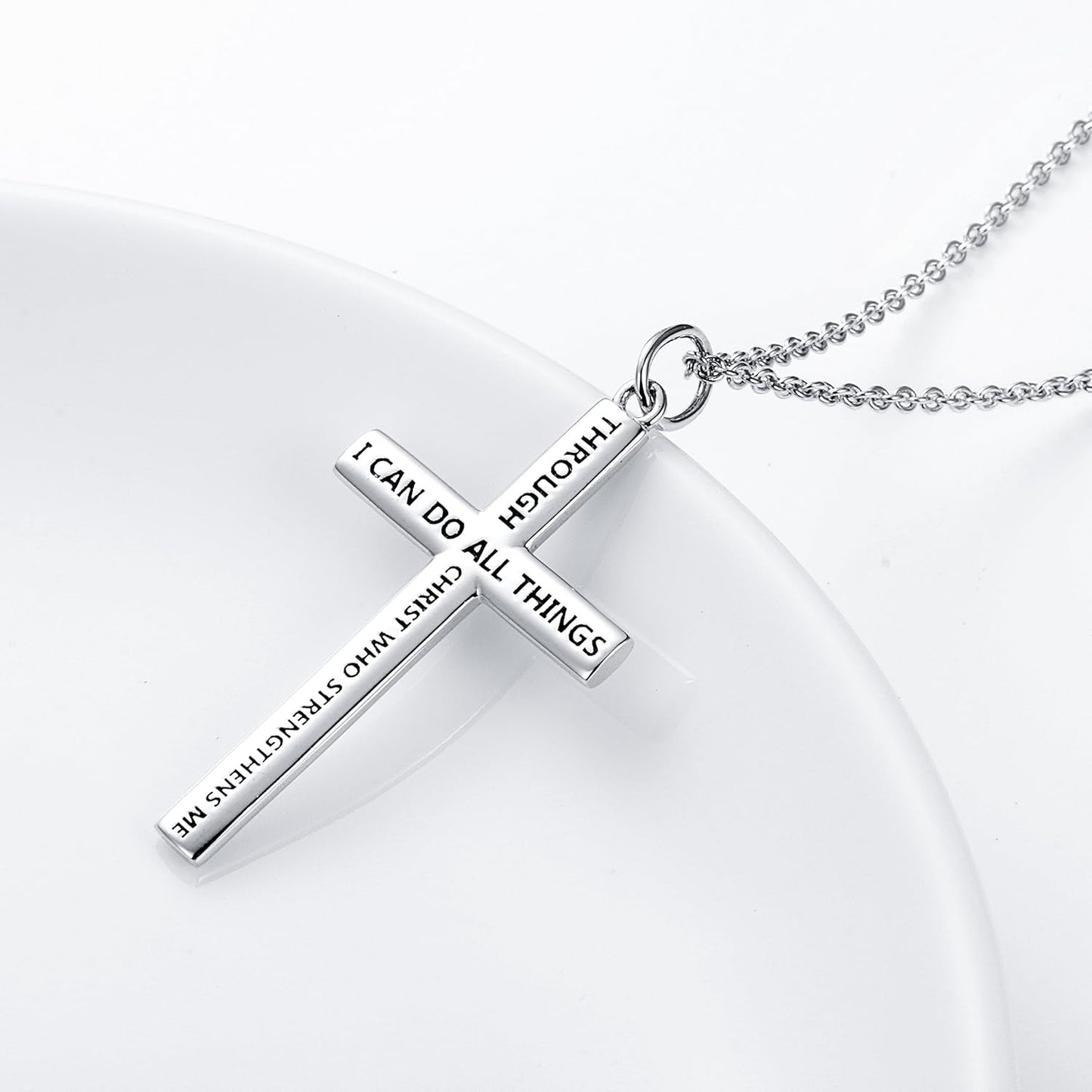 S925 Sterling Silver Cross Bible Verse Faith Christian Inspirational Pendant Necklace for Men Women