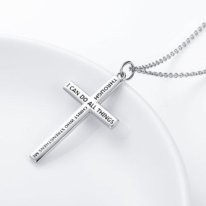 S925 Sterling Silver Cross Bible Verse Faith Christian Inspirational Pendant Necklace for Men Women