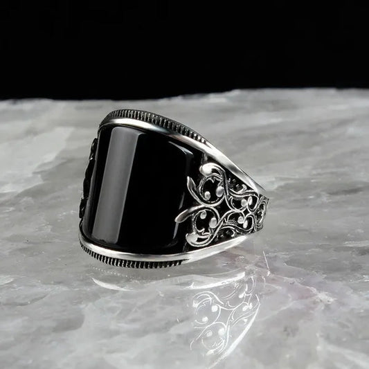 Men'S Fashion European and American Retro Silver-Plated Punk Relief Totem Ring Natural Gemstone Obsidian Ring Noble Gentleman Style Engagement Wedding Banquet Accessories Boyfriend Birthday Father'S Day Gift Jewelry Ring of Power - WORLD TIME VISITS