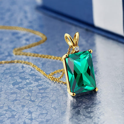18K Yellow Gold Plated Silver Green Nano Emerald and White Diamond Pendant Necklace for Women (6.52 Cttw, Gemstone May Birthstone, Emerald Cut 14X10MM, with 18 Inch Silver Chain)