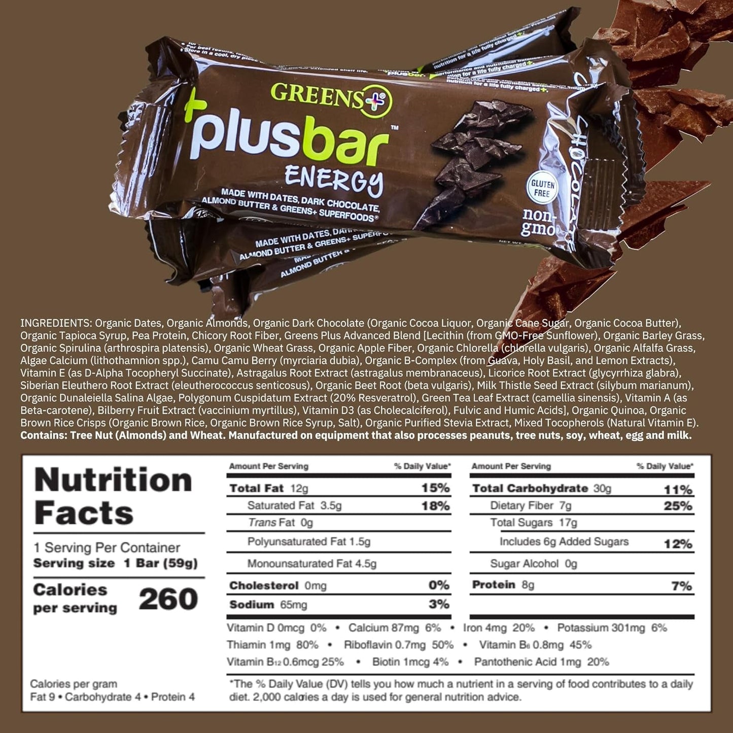 Plusbar Energy Bars, Chocolate, Gluten Free Healthy Snacks with Organic Super Greens, Superfoods & Dark Chocolate, Vegan, Dairy Free & Non GMO, 8G Protein Meal Replacement Bars, 12 Bars - WORLD TIME VISITS