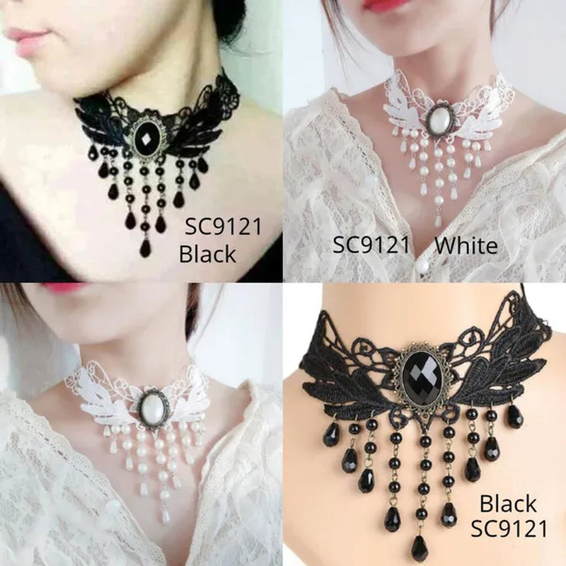 White Lace Necklace Chokers Black Collares Vintage Style Female Gothic Wedding Red Rose Crystal Diamond Pendant Collarbone Necklaces Chain Accessories for Women Girls