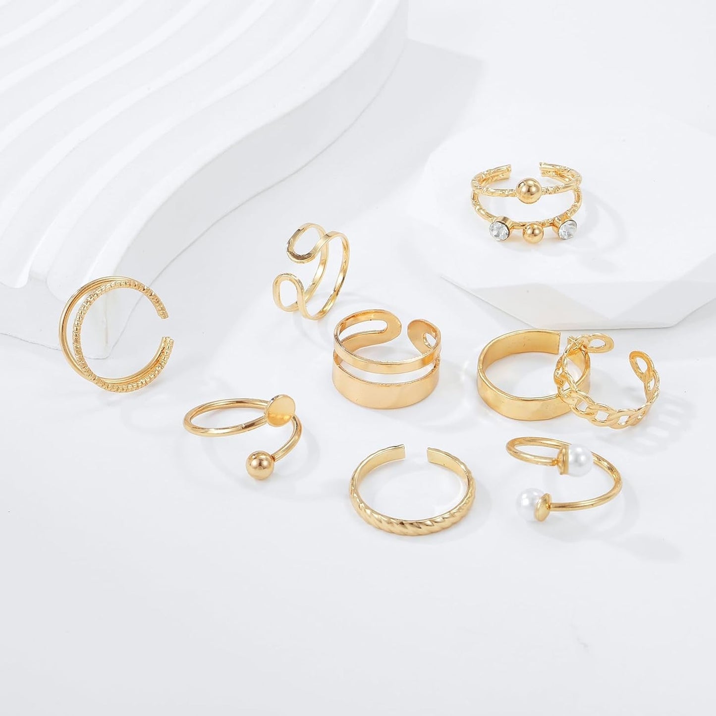 9Pcs Gold Adjustable Rings for Women Stackable Knuckle Ring Set with Pearl Exquisite Simple Fashion Jewelry for Thumb and Knuckles Adjustable Size in Pink Box