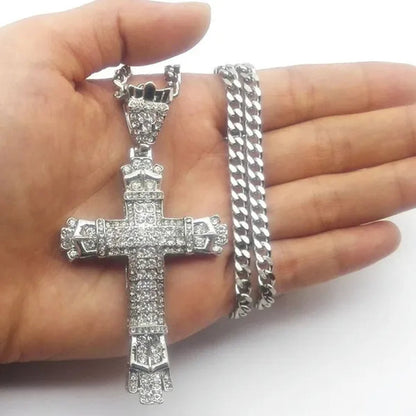 Fashion 24K Gold 925 Silver Cross Diamond Pendant Men's Punk Jewelry Rhinestone Religious Pendant Necklace