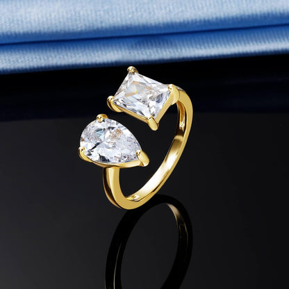 Adjustable Stretchy Eternity Ring,14K Gold Plated Pear/Square Cubic Zirconia Open Wedding Rings for Women