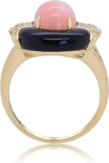 14K Yellow Gold Natural Pink Opal Ring with Diamonds for Women | Ethically, Authentically & Organically Sourced (Oval-Cut) Shaped Opal Hand-Crafted Jewelry for Her | Opal Ring for Women