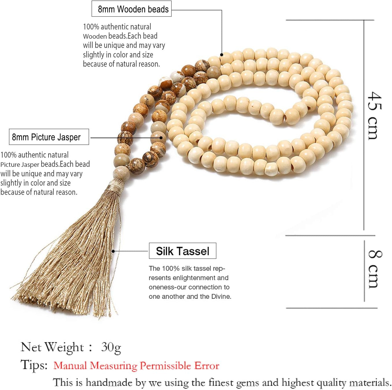 8MM Semi-Precious Gem Stones Wood Mala Bead Necklace Multicolor Tassel Charms Chain Necklace Handmade Beaded Pendant Necklace for Women Men