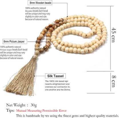 8MM Semi-Precious Gem Stones Wood Mala Bead Necklace Multicolor Tassel Charms Chain Necklace Handmade Beaded Pendant Necklace for Women Men