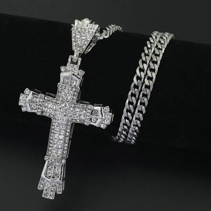 Fashion 24K Gold 925 Silver Cross Diamond Pendant Men's Punk Jewelry Rhinestone Religious Pendant Necklace