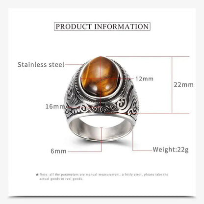 Vintage Men's Gemstone Ring Stainless Steel Single Turquoise Agate Tiger Eye Stone Rings Jewelry Gift for Men Women Boyfriend Girlfriend
