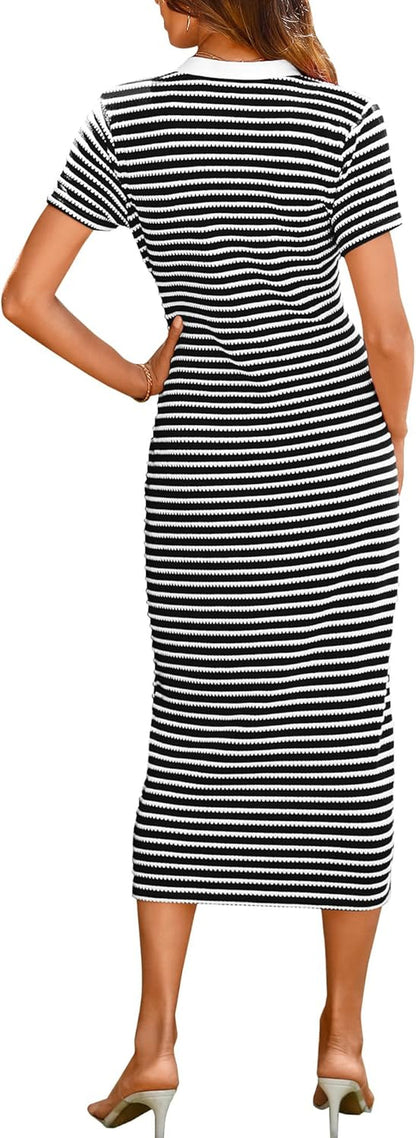 Women Casual Summer Dresses Short Sleeve Striped Midi Dresses Decorative Button Ribbed Knit Dresses Party Dresses