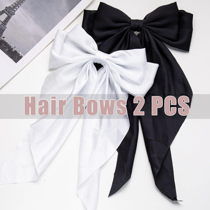 Hair Bows 2 PCS Ribbon Bow for Women and Girls, Oversized Long-Tail Cute Aesthetic, Large Hair Barrettes (Black White)