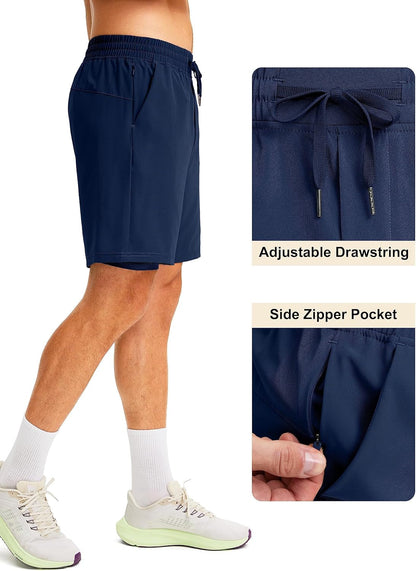 Men'S 2 in 1 Running Shorts with Liner 7 Inch Training Gym Athletic Workout Shorts for Men with Zipper Pockets