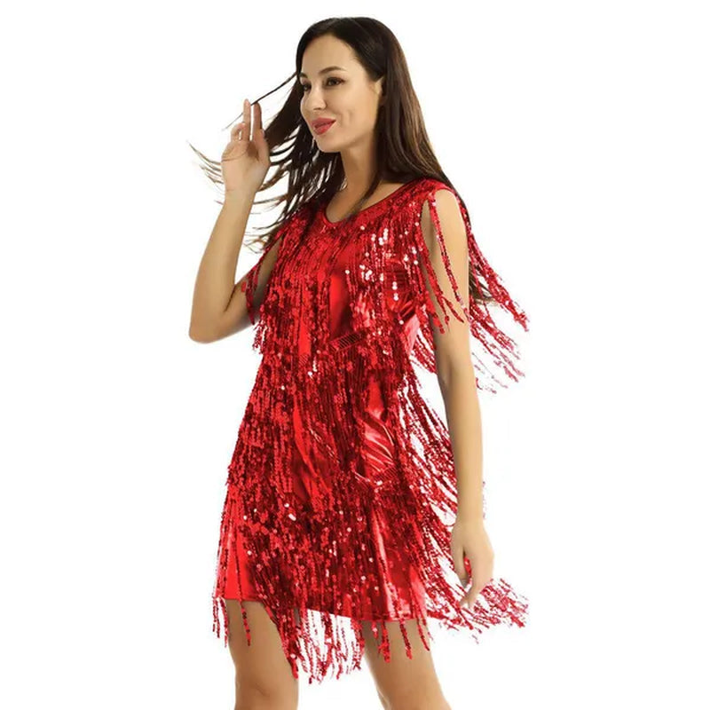 Womens V Neck Sleeveless Sparkling Sequin Tassels Ballroom Samba Tango Latin Dance Dress Stage Performance Costumes