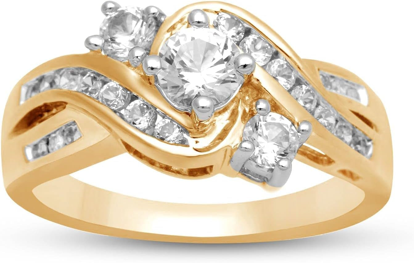 14K Yellow Gold over Sterling Silver 3 Stone round Created White Sapphire and Natural White round Diamond Accent Ring - WORLD TIME VISITS