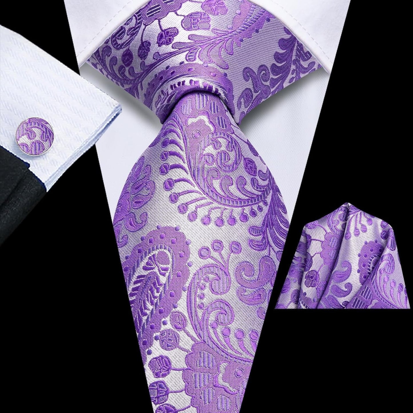 Mens Paisley Floral Silk Tie for Men Striped Necktie and Pocket Square Cufflinks Set Wedding Business