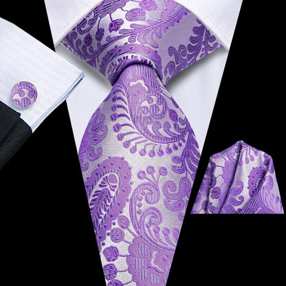Mens Paisley Floral Silk Tie for Men Striped Necktie and Pocket Square Cufflinks Set Wedding Business