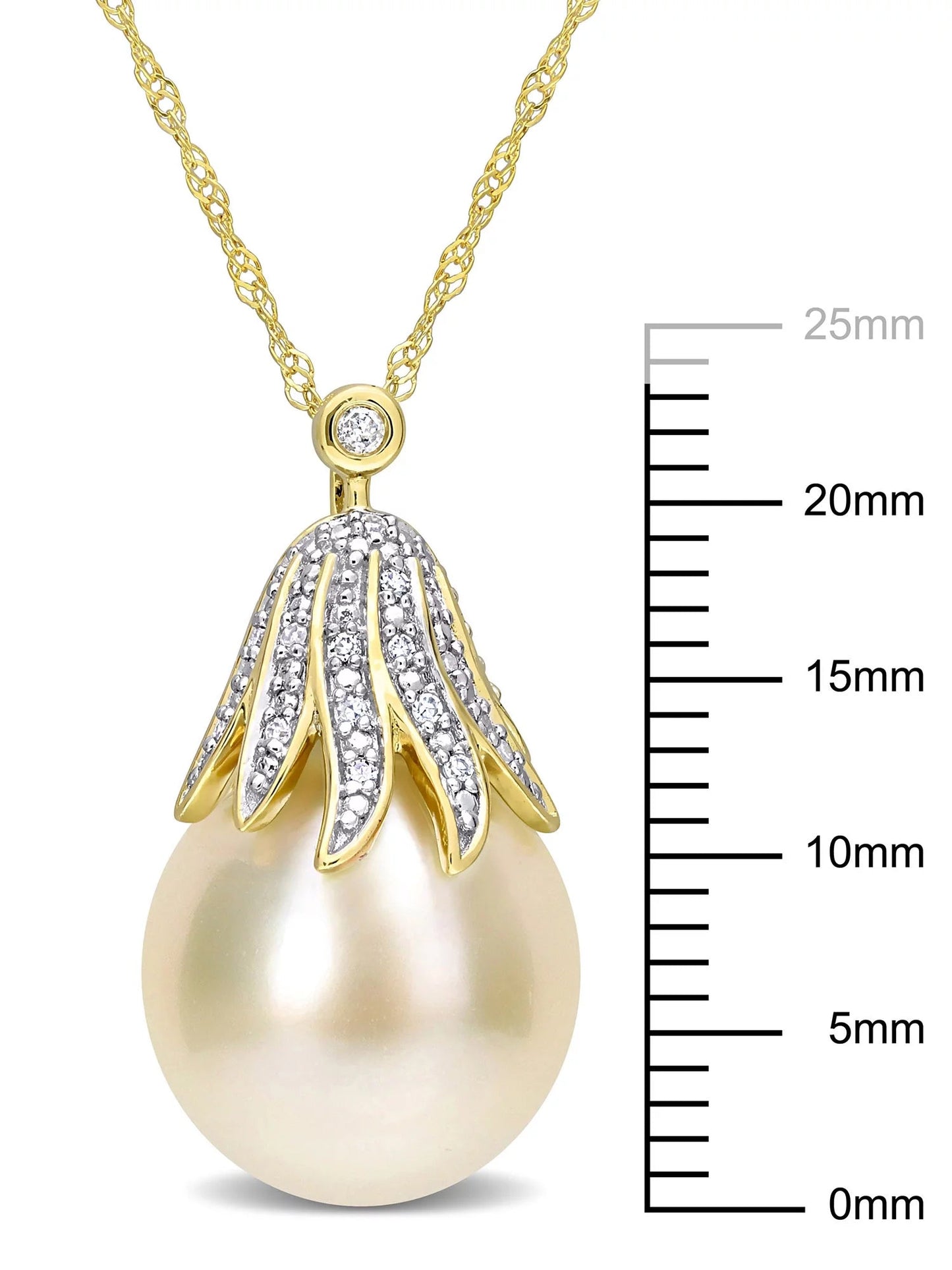 10-11Mm South Sea Cultured Freshwater Pearl and Diamond Accent 14Kt Yellow Gold Leaf Crown Drop Pendant with Chain