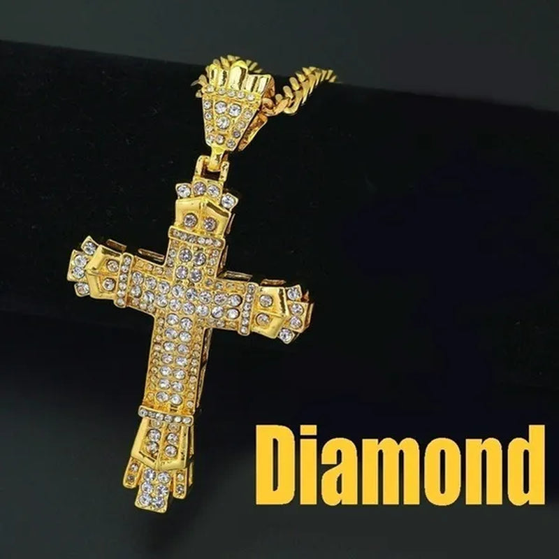 Fashion 24K Gold 925 Silver Cross Diamond Pendant Men's Punk Jewelry Rhinestone Religious Pendant Necklace