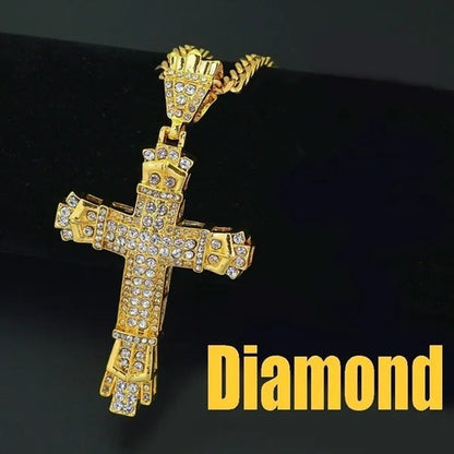 Fashion 24K Gold 925 Silver Cross Diamond Pendant Men's Punk Jewelry Rhinestone Religious Pendant Necklace