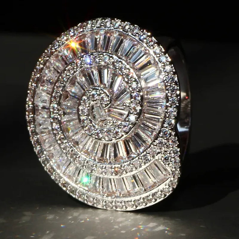 Gorgeous  Silver Crown Natural Gemstones White Sapphire Birthstone Bride Wedding Engagement Multilayer Rose Conch Ring Size 6 7 8 9 10