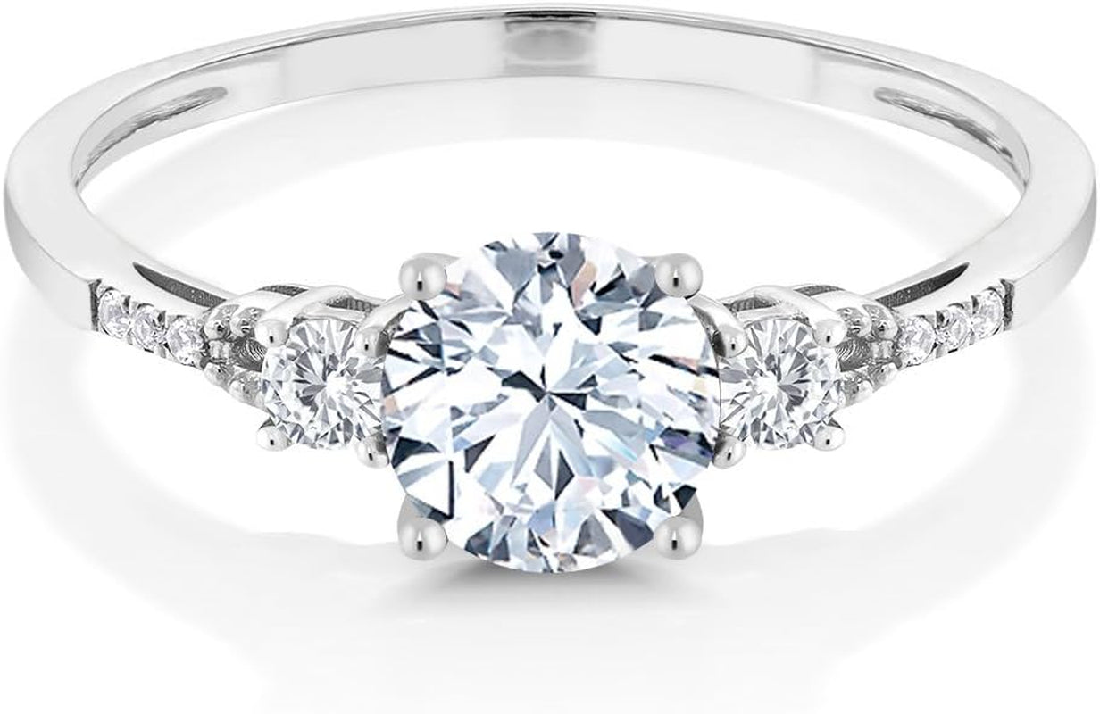 10K White Gold 6MM round Gemstone Birthstone White Created Sapphire & White Diamond Accent 3-Stone Engagement Ring | Three-Stone Wedding Anniversary Promise Ring for Women